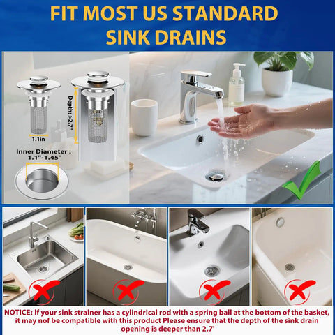 Heavy Duty Bathroom Sink Drain Strainer And Pop Up Stopper With Removable Stainless Steel Hair Catcher Basket Universal Fit For US Fixtures Swipes Hairs Away Fast No Clog Drama 3 Pack