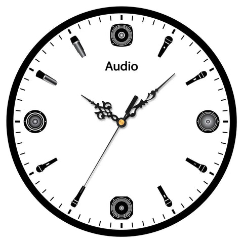 Close-up of white clock face with microphone and speaker icons as numbers.