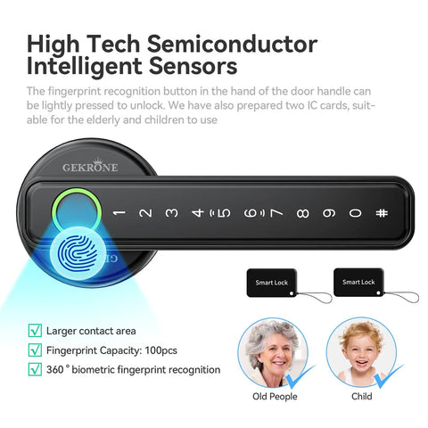 Smart Lever Door Lock With Fingerprint And Keyless Entry, Tuya App Control, Bluetooth Touchscreen Digital Door Knob With Keypad, IC Card And Mechanical Key, Biometric Access For Home, Apartment, Hotel Or Office, shown with fingerprint sensor and icons for old people and child.