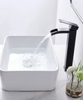 Rectangular Vessel Sink For Bathroom White Ceramic Above Counter Lavatory Basin 16 By 12 Inch with water flowing from faucet