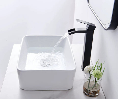 Rectangular Vessel Sink For Bathroom White Ceramic Above Counter Lavatory Basin 16 By 12 Inch with water flowing from faucet