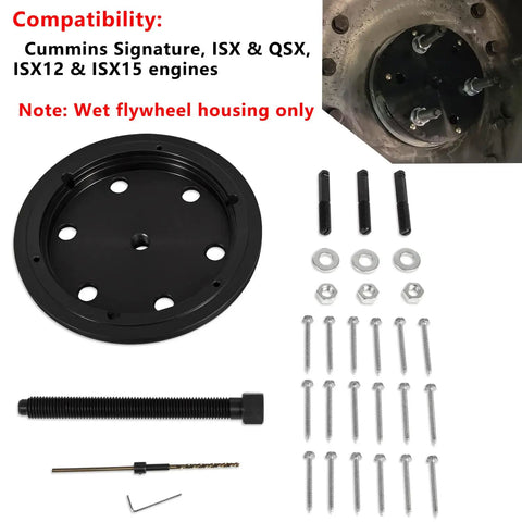 Rear Crankshaft Seal And Wear Sleeve Removal And Installation Tool Kit For Cummins Signature ISX And QSX Engines; bolts, plate, and screws visible