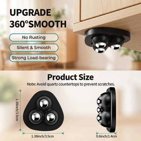 Say Adios To Heavy Lifting With These Hassle Free Self Adhesive Appliance Sliders featuring 3 black swivel caster wheels, compact size.