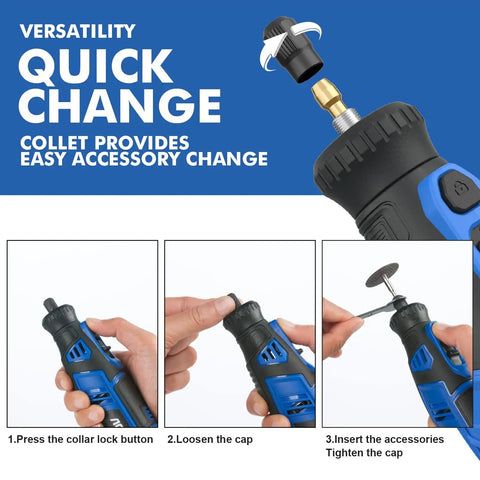 Illustration showing quick accessory change for 8V Cordless Rotary Tool Kit with 130 Pcs Accessories, 30000 RPM, 5 Speed