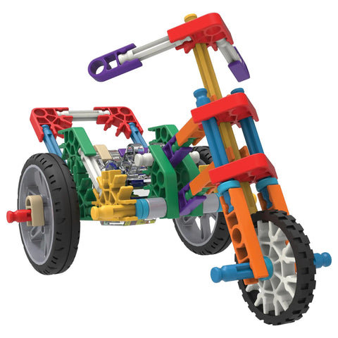 STEM Vehicle Building Kit With 130 Plus Parts For Kids Ages 8 And Up, Build 7 Hands-On Vehicles Powered By Push, Rubber Band, Wind Or Spring Motor, Learn Potential And Kinetic Energy, Velocity, Acceleration, Motion, And Graphing Concepts. assembled colorful tricycle vehicle