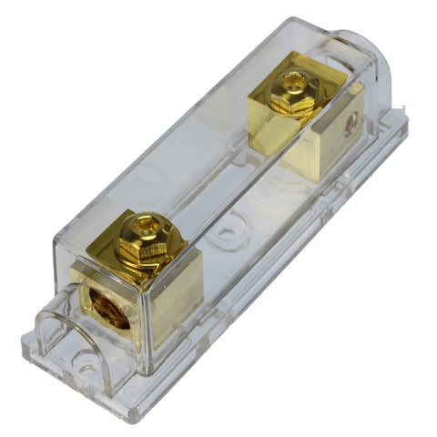 Gold Plated ANL Fuse Holder Inline Fuse Block for 1/0 AWG In And Out with brass hardware and clear protective housing