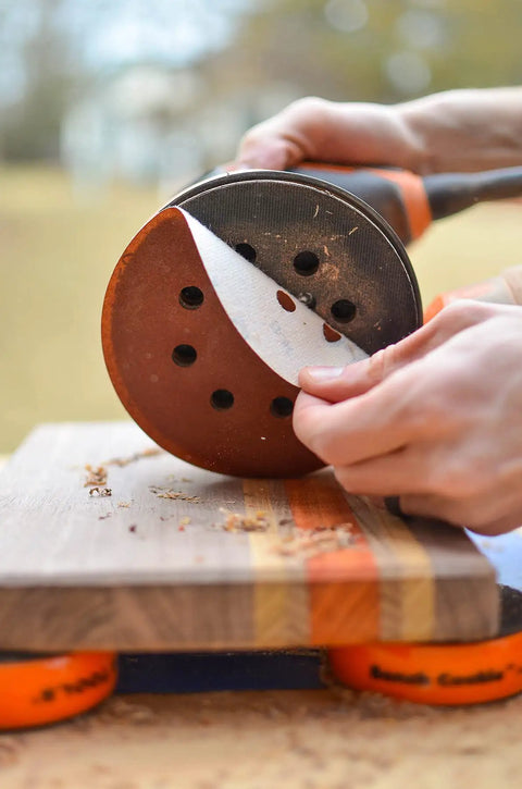 Attaching 5 Inch Heavy Duty Random Orbit Sanding Discs With Hook And Loop Backing Red Resin Aluminum Oxide 8 Hole 40 Grit 50 Pack