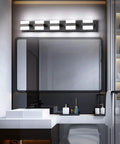 Sleek Black 5 Light Vanity Bar Over Mirror LED Bathroom Light 34 Inch Dimmable White Glow Modern Bath Fixture above sink