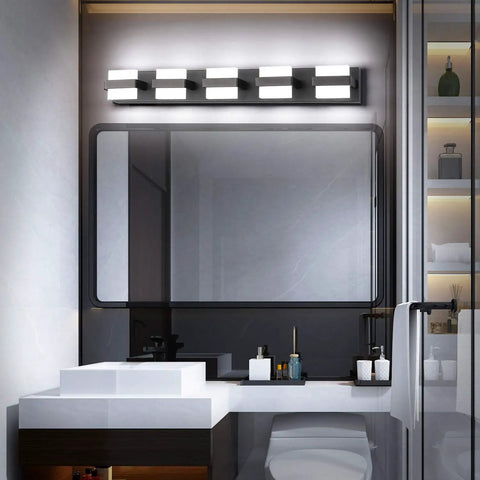 Sleek Black 5 Light Vanity Bar Over Mirror LED Bathroom Light 34 Inch Dimmable White Glow Modern Bath Fixture above sink