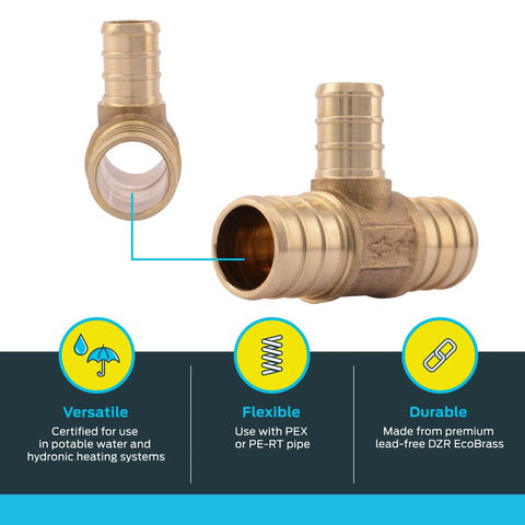 Brass Crimp Reducing Tee For PEX And PE-RT Pipe Systems, 3/4 In X 3/4 In X 1/2 In, Pack Of 10, Lead-free DZR brass fitting