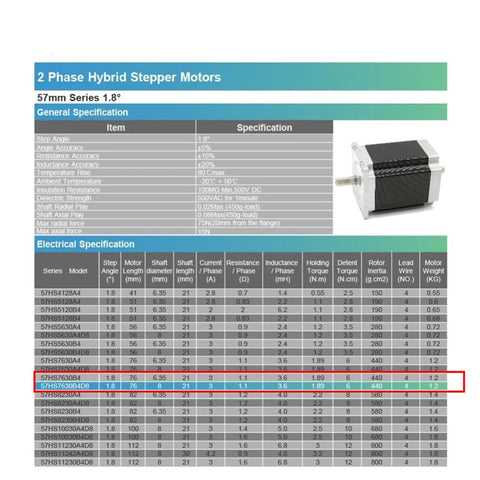 Nema 23 Stepper Motor 1.8 Degree 1.89Nm 3A Dual Shaft 57mm Frame 8mm Shaft For 3D Printers CNC Machines Engraving And Automation Projects Precision High Torque Stepper For Precise Motion, spec chart and motor image