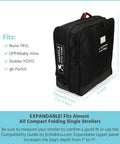 Black padded compact travel stroller bag with size dimensions 21x23x7-11 inches, fits most compact-fold single strollers.