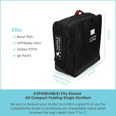Black padded compact travel stroller bag with size dimensions 21x23x7-11 inches, fits most compact-fold single strollers.
