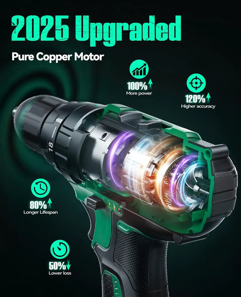Two 20V 2.0Ah Batteries Cordless Drill Set With 350 In Lb Torque, 0 To 1350 RPM, 3 Eighth Inch Keyless Chuck, cross-section view of motor