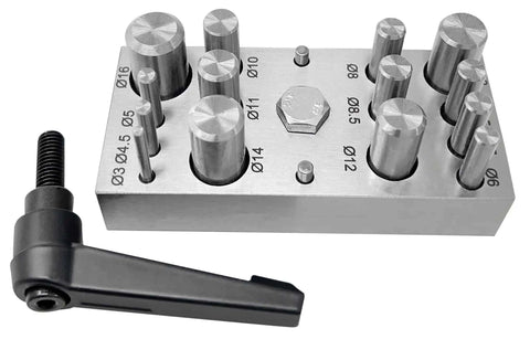 14 Piece Circle And Round Disc Cutter Set One Eighth Inch To Five Eighth Inch for Jewelry Making Tool, view of cutter punches and base