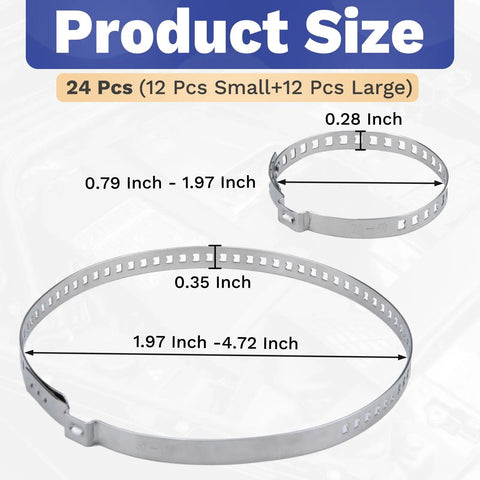 Universal 24Pcs CV Boot Clamp Kit With 12 Small And 12 Large Stainless Steel Adjustable Crimp Clamps, size details visible