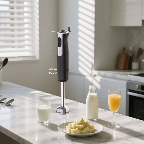Real Deal 1000 Watt Handheld Immersion Blender With Stainless Steel Shaft And Dual Speed Settings on a kitchen counter.
