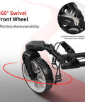 360° swivel front wheel of a Lightweight Three Wheel Golf Push Cart With No Sweat Fold Design, ensuring effortless maneuverability.