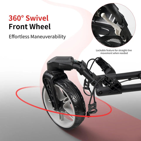 360° swivel front wheel of a Lightweight Three Wheel Golf Push Cart With No Sweat Fold Design, ensuring effortless maneuverability.