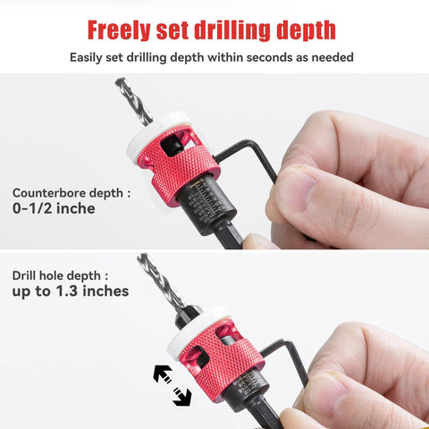 5-piece countersink drill bit set with depth stop; red knurled collar and hex shank, Amazon brand