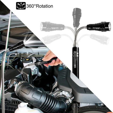 Extendable magnetic flashlight tool with 360-degree rotation for automotive use