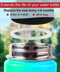 Six Pack Silicone Water Bottle Lid Gasket Set for Stainless Steel Bottles Leak Proof O Rings Replacements for 14/18/22/32/40/64oz Lids and Spouts BPA Free Fits Chug Lids, white seal over steel bottle