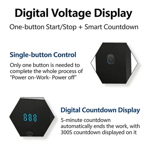 Digital voltage display features showing single-button control and countdown timer for efficiency.