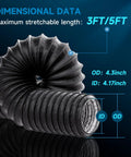 Close-up of 4 Inch Dryer Vent Hose 3 Ft Flexible Exhaust Duct showing stretchable length and dimensions on blue background.