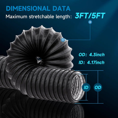 Close-up of 4 Inch Dryer Vent Hose 3 Ft Flexible Exhaust Duct showing stretchable length and dimensions on blue background.