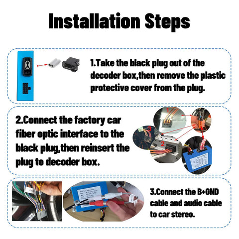 LEXXSON optic fiber decoder kit for Mercedes-Benz, BMW and Audi car stereos; blue plastic decoder box with wiring.
