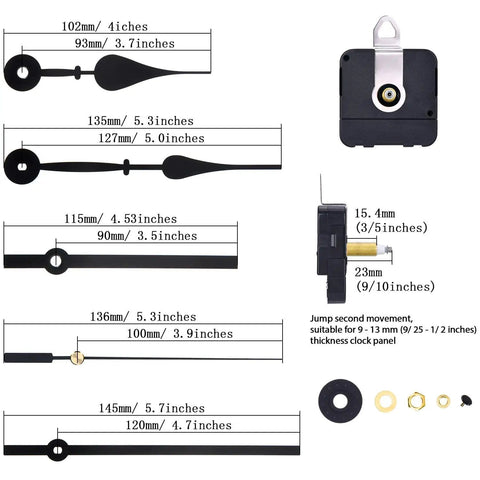High Torque Long Shaft Clock Movement Mechanism For Wall Quartz Clocks Kit With Two Pairs Of Hands DIY Repair Parts And Motor Replacement Color Set 1 Includes 23 mm Shaft Length with detailed size measurements