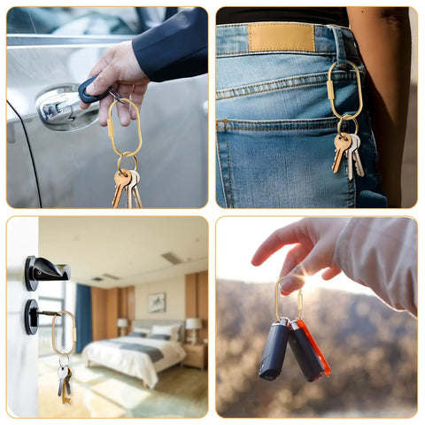 16 Piece Locking Brass Carabiner Key Ring Set With Screw Lock Clips Gold Finish Keychains for men and women in use