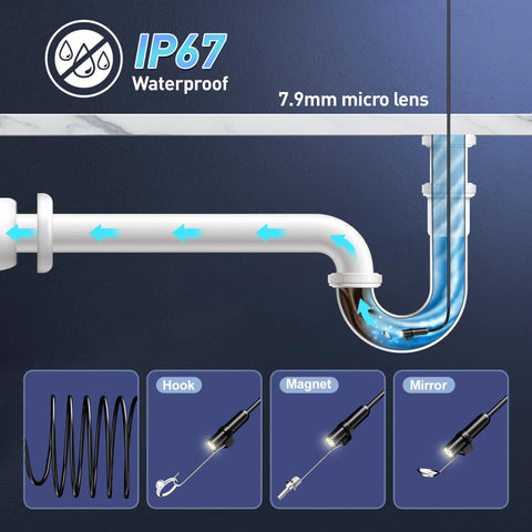 Dope Endoscope Camera With Light For Pipe Inspection showcasing IP67 waterproof feature and 7.9mm lens in plumbing pipes