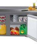 Heavy-Duty 72 Inch Commercial Refrigerator Featuring Three Door Stainless Steel Worktop Design With Reinforced Backsplash And Top Shelf 16.9 Cubic Feet Cool Storage Capacity with fruits, vegetables, and drinks stored inside.
