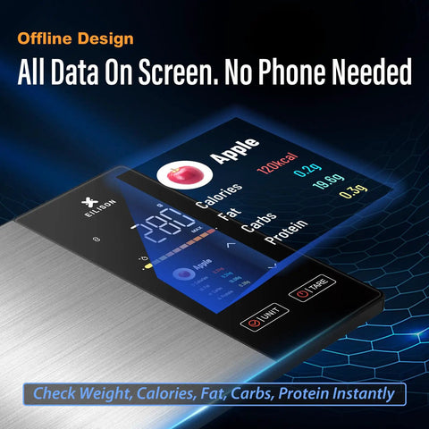 Smart Kitchen Scale With Nutrition Calculator, Digital Food Scale, Large TFT Color Display showing apple nutrition data.
