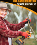 Senior woman using Beefy Electric Pruning Shears With 1.5 Inch Cutting Diameter Cordless Pruner in garden