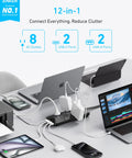 12 In 1 Power Strip With 900J Surge Protector And 35W Max Charging, 2 USB C Ports, 2 USB A Ports, And 8 AC Outlets For Home Office, Desk, And Travel Setups on a desk with laptops and phones