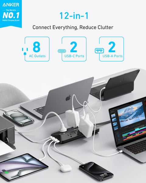 12 In 1 Power Strip With 900J Surge Protector And 35W Max Charging, 2 USB C Ports, 2 USB A Ports, And 8 AC Outlets For Home Office, Desk, And Travel Setups on a desk with laptops and phones