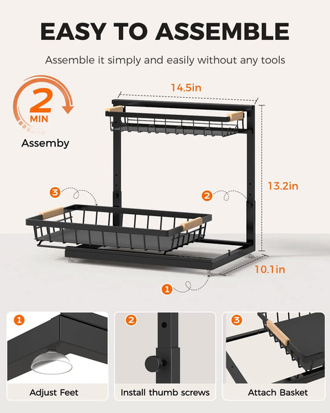 Score Big On Home Organization With This Hella Spacious Three Pack Under Sink Organizer Height Adjustable Storage Rack In Black, assembly guide showing dimensions.