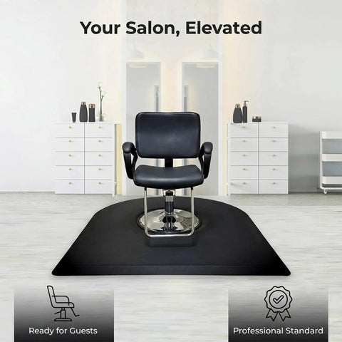 Top Shelf Anti Fatigue Salon And Barber Mat Heavy Duty Flex Black Non Slip Flooring Made In Usa under a salon chair.