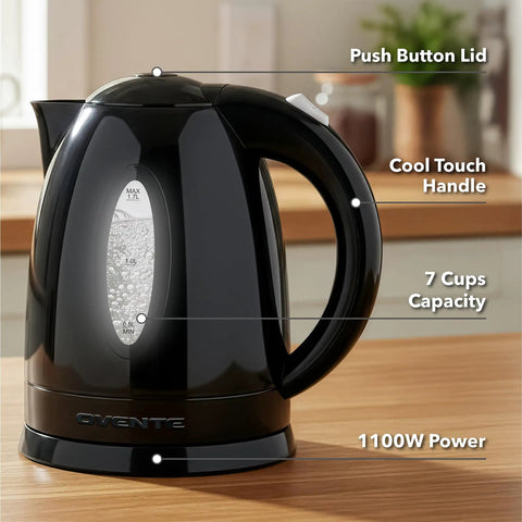 Electric Kettle 1.7 Liter Fast Boil Water Heater For Coffee Or Tea BPA Free With Water Level Gauge Auto Shut Off Boil Dry Protection Indicator Light Removable Filter Black on kitchen countertop