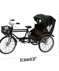 Vintage Metal Tricycle Model With Heavy Duty Aluminum Alloy Build And Old School Three Wheel Rickshaw Design, 21.3cm x 14cm.