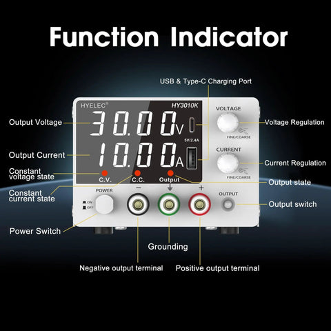 Adjustable DC Power Supply 0 To 30V 0 To 10A With Encoder Knob, 4 Digit LED Display, function indicators labeled