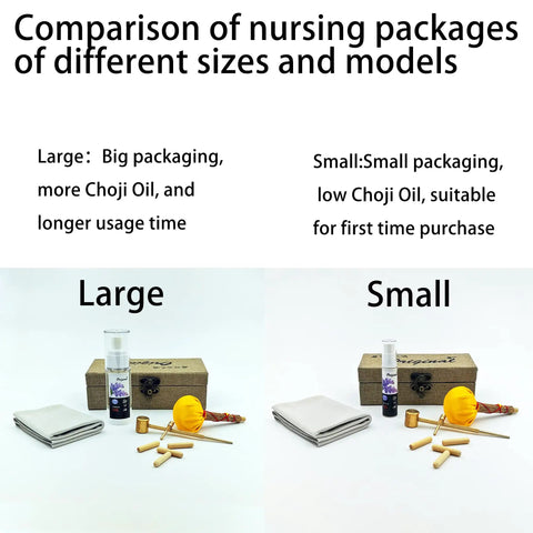 Comparison of Elite Pro Grade Katana Care Kit With Real Choji Oil Copper Hammer Chamois Uchiko Ball And Mekugi Pegs in large and small sizes.