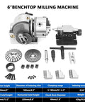 6" BENCHTOP MILLING MACHINE components including rotary table, index disks, and accessories for precision CNC machining.