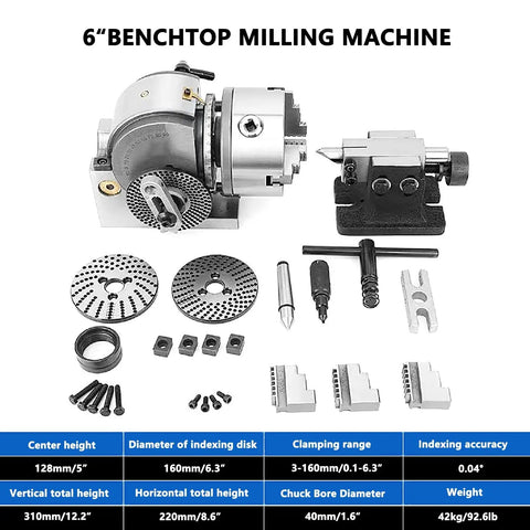 6" BENCHTOP MILLING MACHINE components including rotary table, index disks, and accessories for precision CNC machining.