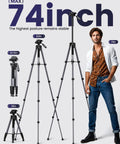 Heavy Duty Aluminum Camera Tripod Stand For DSLR, Mirrorless, Smartphone And GoPro Adjustable 20 To 74 Inch Height, shown with man for scale