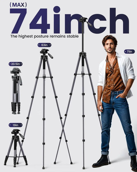 Heavy Duty Aluminum Camera Tripod Stand For DSLR, Mirrorless, Smartphone And GoPro Adjustable 20 To 74 Inch Height, shown with man for scale