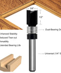 Five Piece Top Bearing Flush Trim Router Bit Set With Carbide Tipped 1/4 Inch Shank, dual-bearing design shown in diagram.