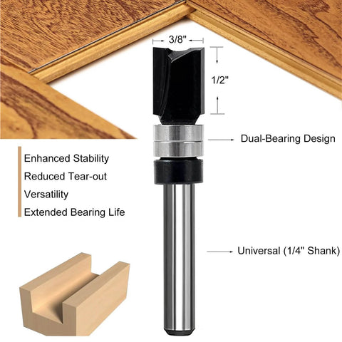 Five Piece Top Bearing Flush Trim Router Bit Set With Carbide Tipped 1/4 Inch Shank, dual-bearing design shown in diagram.